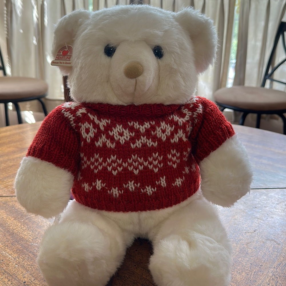 Heartline by Hallmark retro white plush teddy bear vintage 1986 w/ sweater nice